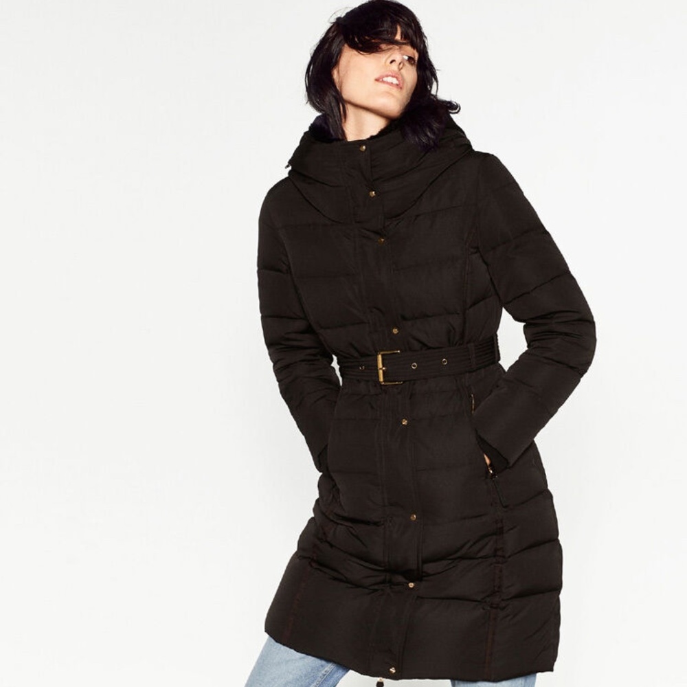 NWT ZARA Black Hooded 70% Duck Down Coat Anorak